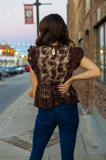 Sew in Love Embroidered Lace Peplum Blouse in Dark Brown