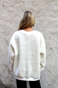 BiBi Christmas Sherpa Pullover with MERRY & BRIGHT Patches in Ivory