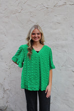 Load image into Gallery viewer, Jodifl Solid Color V Neck Swiss Dot Top in Kelly Green
