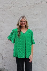 Jodifl Solid Color V Neck Swiss Dot Top in Kelly Green