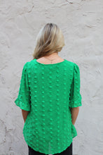 Load image into Gallery viewer, Jodifl Solid Color V Neck Swiss Dot Top in Kelly Green
