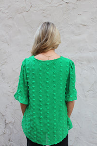 Jodifl Solid Color V Neck Swiss Dot Top in Kelly Green