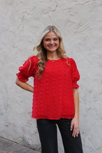 Load image into Gallery viewer, Jodifl Solid Color Swiss Dot Top with Bubble Sleeves in Tomato Red
