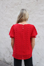 Load image into Gallery viewer, Jodifl Solid Color Swiss Dot Top with Bubble Sleeves in Tomato Red
