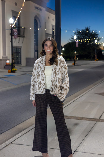 Mystree Animal Faux Fur Open Front Jacket in Ivory