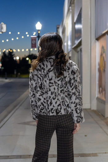 Mystree Animal Faux Fur Open Front Jacket in Stone Grey