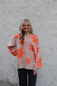 Jodifl Knit Sweater with Contrasting Color Floral Print in Taupe Mix