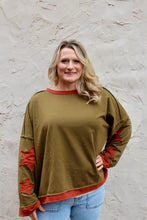 Load image into Gallery viewer, BiBi French Terry Top with Star Patched Sleeves in Olive
