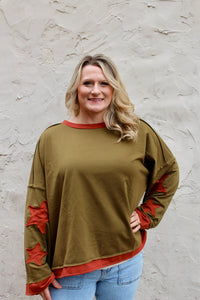 BiBi French Terry Top with Star Patched Sleeves in Olive