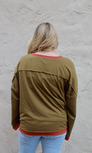 Load image into Gallery viewer, BiBi French Terry Top with Star Patched Sleeves in Olive
