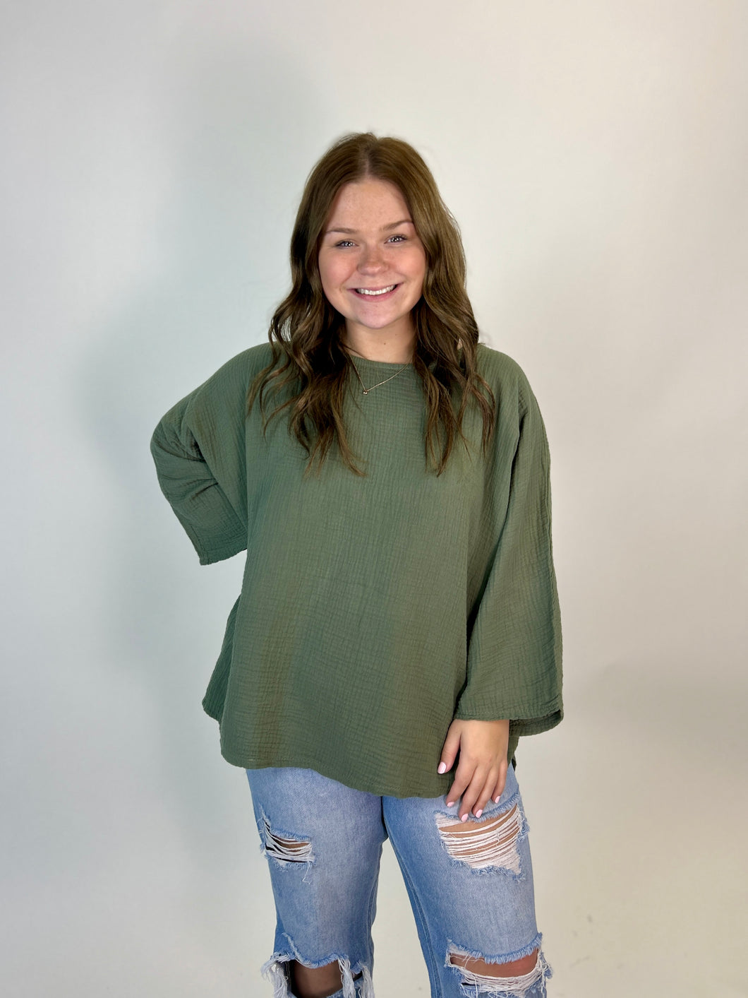 Beyond Capri Solid Color Waffle Gauze Top in Army