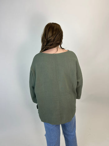 Beyond Capri Solid Color Waffle Gauze Top in Army
