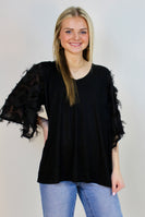 And the Why Slub Knit Top with Feather Fringe Sleeves in Black