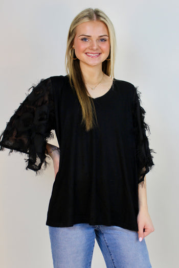 And the Why Slub Knit Top with Feather Fringe Sleeves in Black