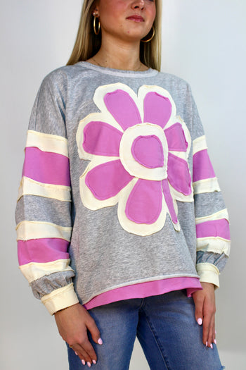 BiBi French Terry Top with Patchwork in Heather Grey