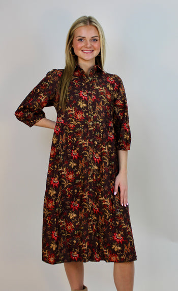 Polagram Mixed Floral Print Dress in Brown Multi