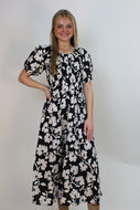 Polagram Floral Print Midi Dress in Black Multi