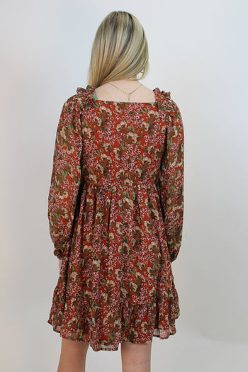 Jodifl Floral Print Smocked Bodice Dress in Rust