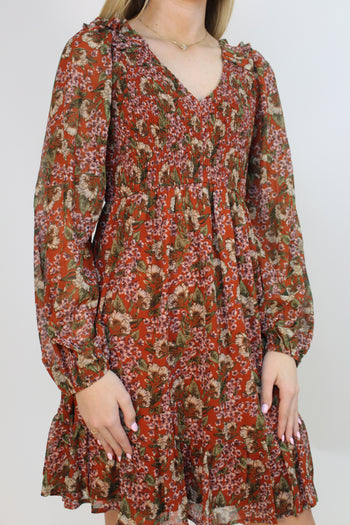 Jodifl Floral Print Smocked Bodice Dress in Rust