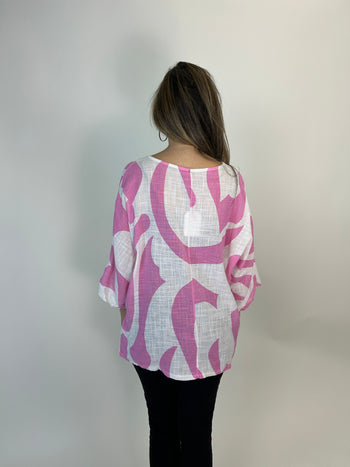 Yolly Two-Toned Abstract Print Top in White/Pink