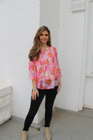 Lucca Floral Print Button Down Top in Peony