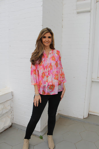 Lucca Floral Print Button Down Top in Peony