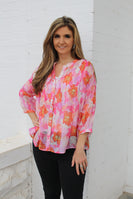 Lucca Floral Print Button Down Top in Peony