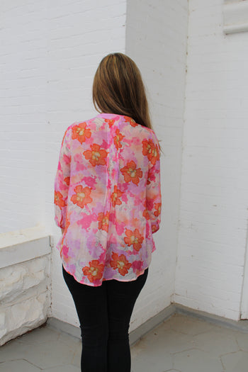 Lucca Floral Print Button Down Top in Peony