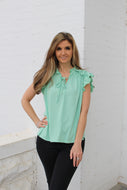 So Me Solid Color Top with Frilled Neckline in Vintage Sage