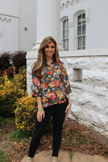 Jodifl Satin Rose Print Top in Hunter Green