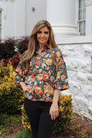 Jodifl Satin Rose Print Top in Hunter Green