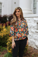 Jodifl Satin Rose Print Top in Hunter Green