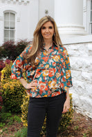 Jodifl Satin Rose Print Top in Hunter Green