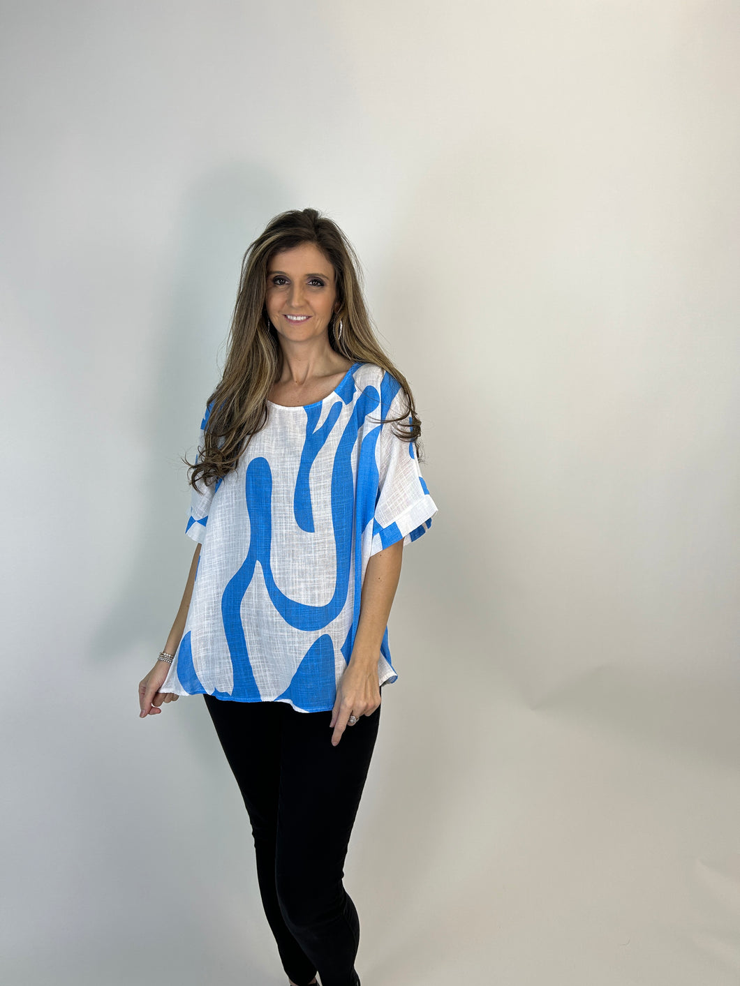 Yolly Two-Toned Mixed Print Top in White/Blue