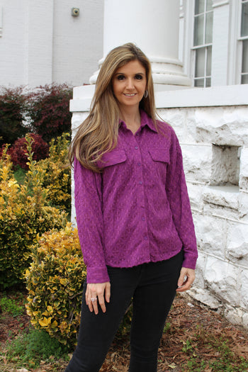 Jodifl Solid Color Lace Button Down Top in Orchid
