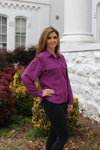 Jodifl Solid Color Lace Button Down Top in Orchid