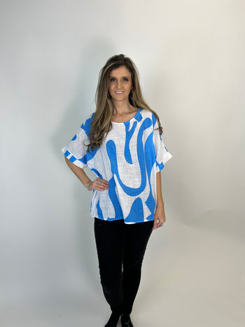 Yolly Two-Toned Mixed Print Top in White/Blue