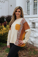 Mittoshop Mixed Print and Solid Color Oversized Top in Camel Combo