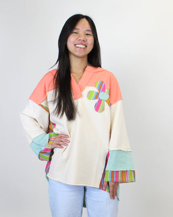 Easel OVERSIZED Daisy Patched Mix n Match Color Block Top in Orange Sage