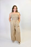 In February Crochet Top Wide Leg Jumpsuit In Latte