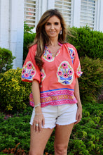 Load image into Gallery viewer, Umgee Floral Print Top with Contrasting Print Trim in Coral
