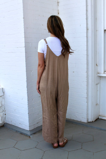 Easel Solid Color Rayon Linen Jumpsuit in Khaki