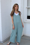 Easel Solid Color Rayon Linen Jumpsuit in Sage