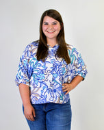 BiBi Bold Multi Color Floral Print Button Down Top in Chambray Multi