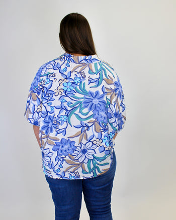 BiBi Bold Multi Color Floral Print Button Down Top in Chambray Multi