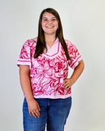 Umgee Floral Print Top with Scalloped Trim in Pink
