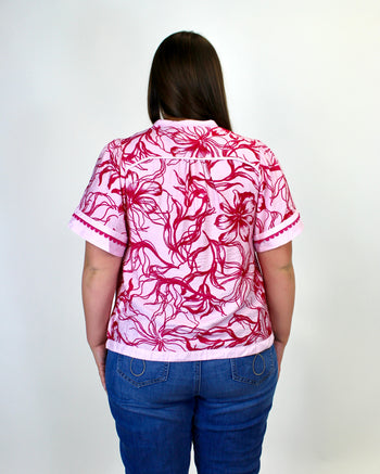 Umgee Floral Print Top with Scalloped Trim in Pink