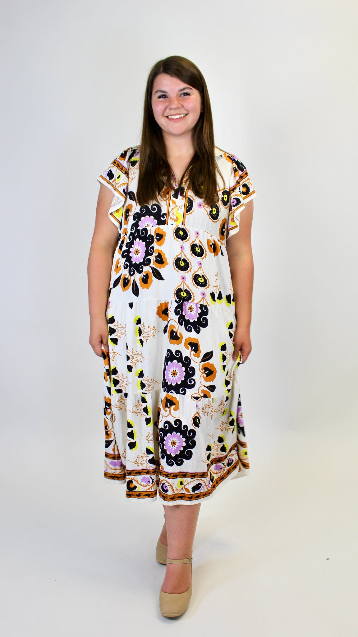 Umgee Boho Floral Print Midi Dress in Cream Mix M at June Adel