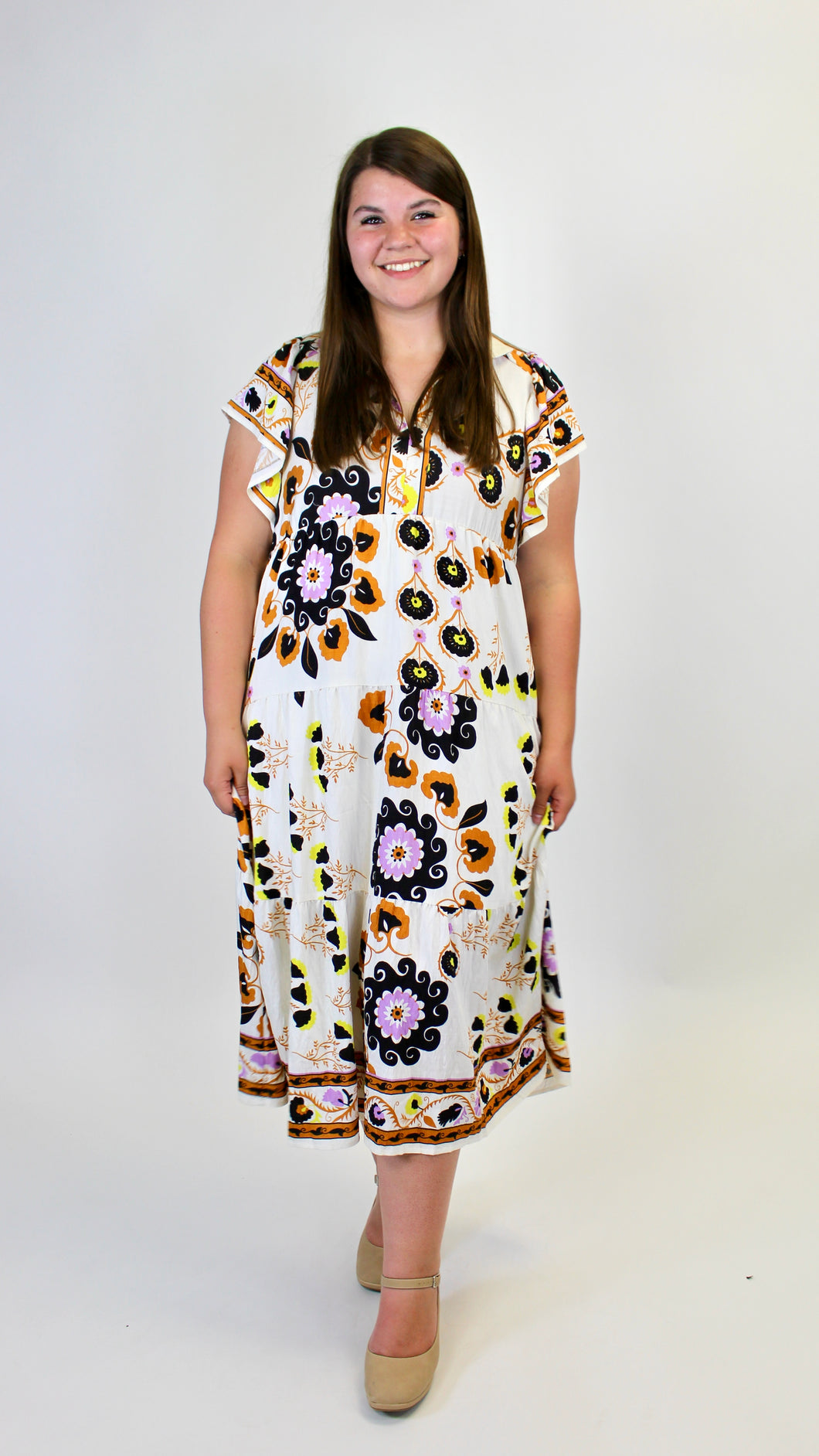 midi plus size boho dress Umgee Boho Floral Print Midi Dress in Cream Mix M