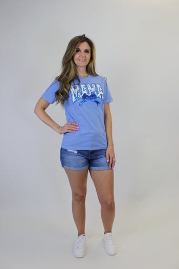Festivitees Floral Chenille Patched MAMA with Sequin Bow T-Shirt in Blue